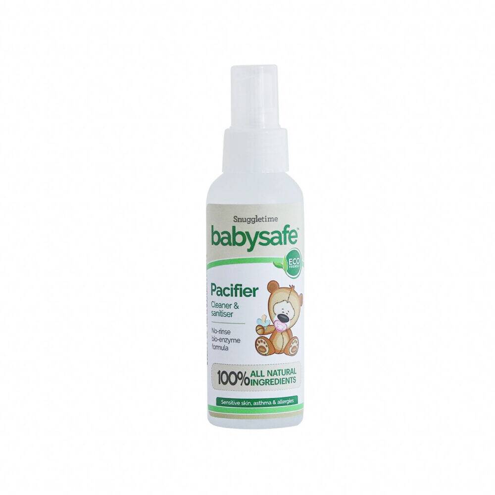 BabySafe Pacifier Cleaner & Sanitiser, 100ml, featuring a bear graphic and eco-friendly label, designed for safe cleaning.