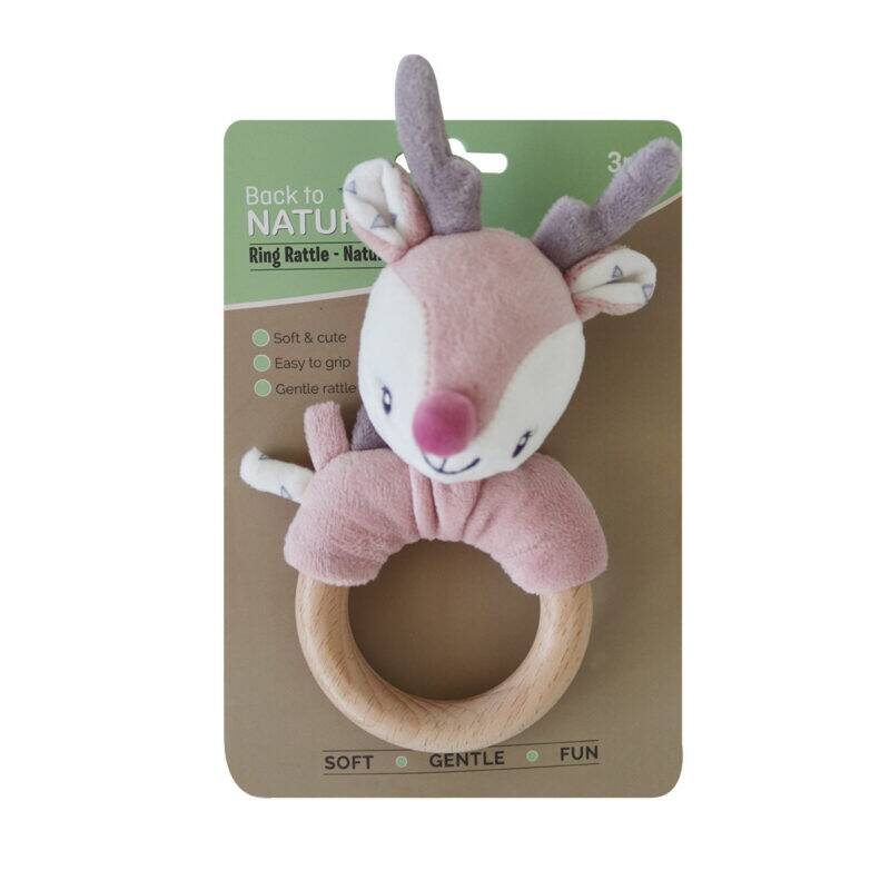 Back to Nature Wood Ring Rattle in blue and pink with a soft animal design and a natural wooden ring for easy gripping.