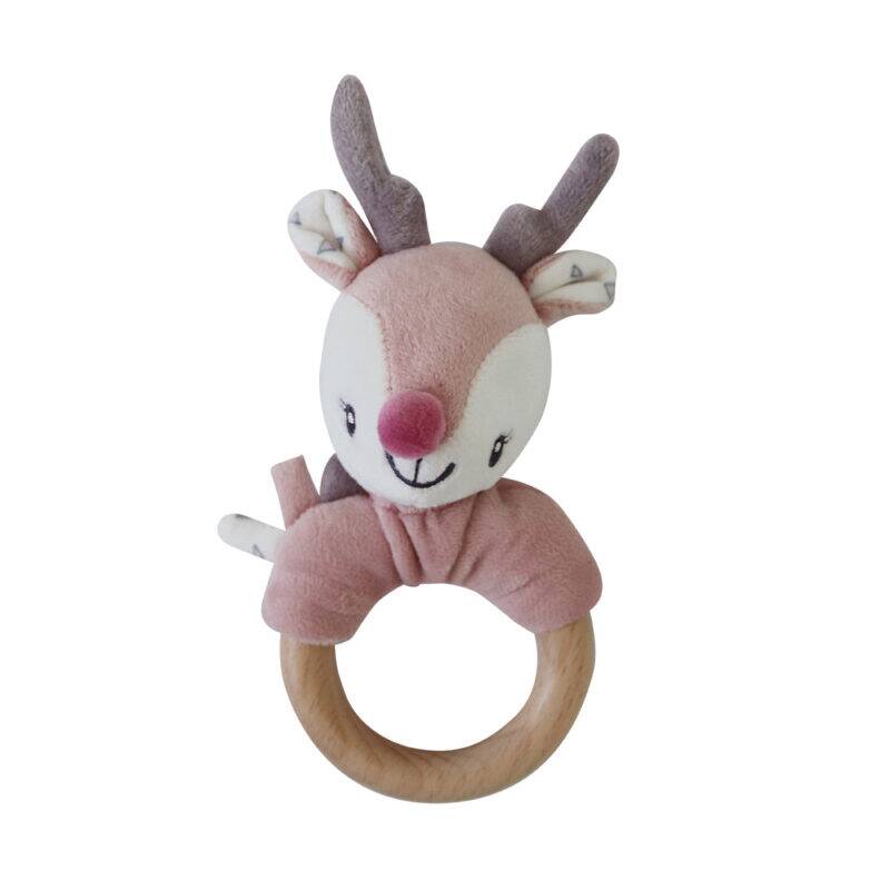 Back to Nature Wood Ring Rattle in pink featuring a cute deer design and a natural wooden ring.
