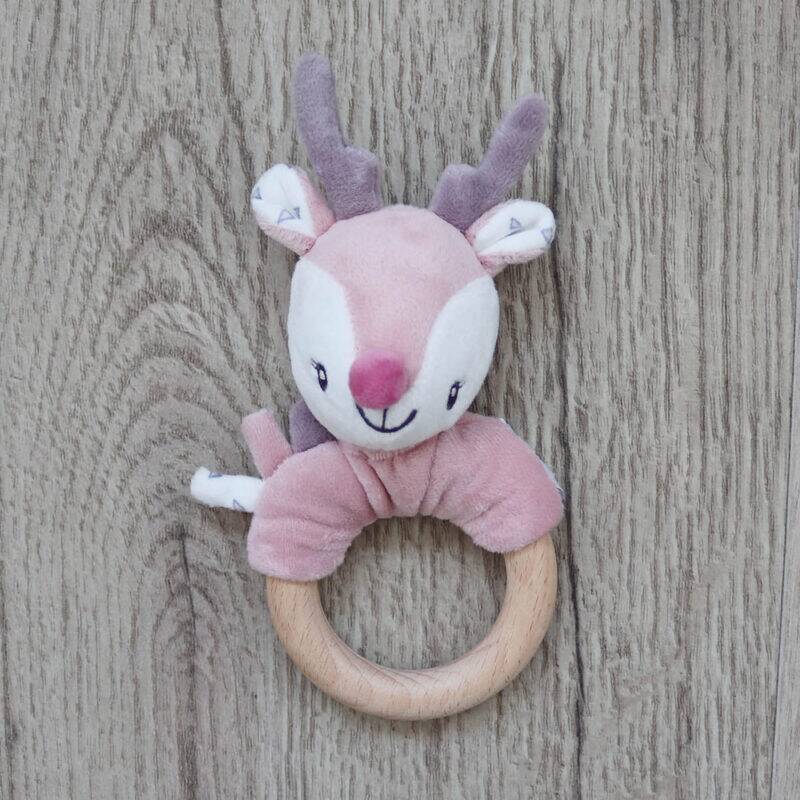 Back to Nature Wood Ring Rattle featuring a pink and white deer design with wooden ring for easy gripping.