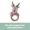 Back to Nature Wood Ring Rattle featuring a cute deer design with a pink and gray plush head and a natural wood ring.