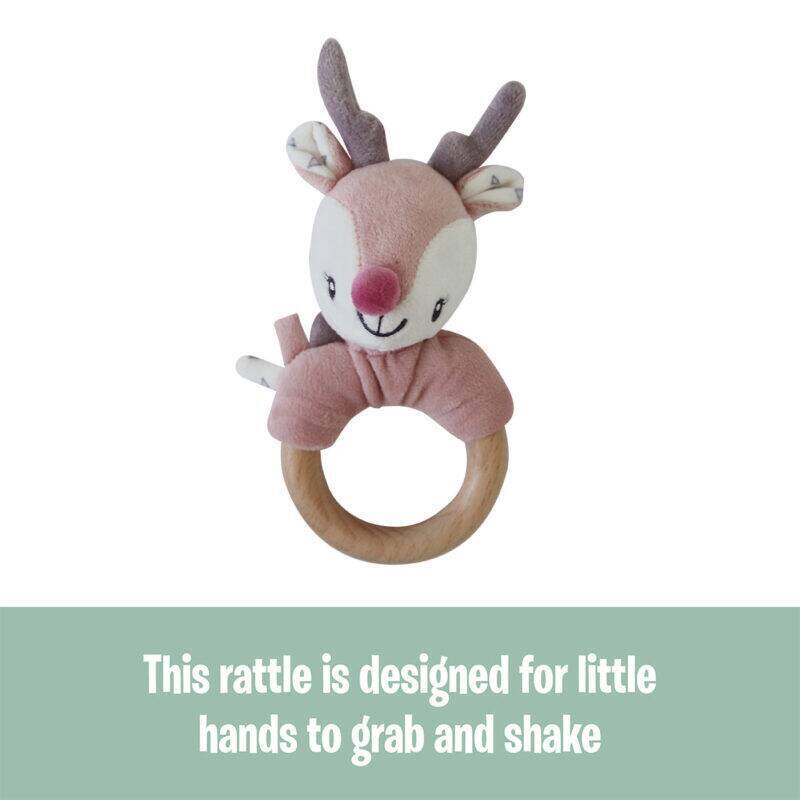 Back to Nature Wood Ring Rattle featuring a cute deer design with a pink and gray plush head and a natural wood ring.