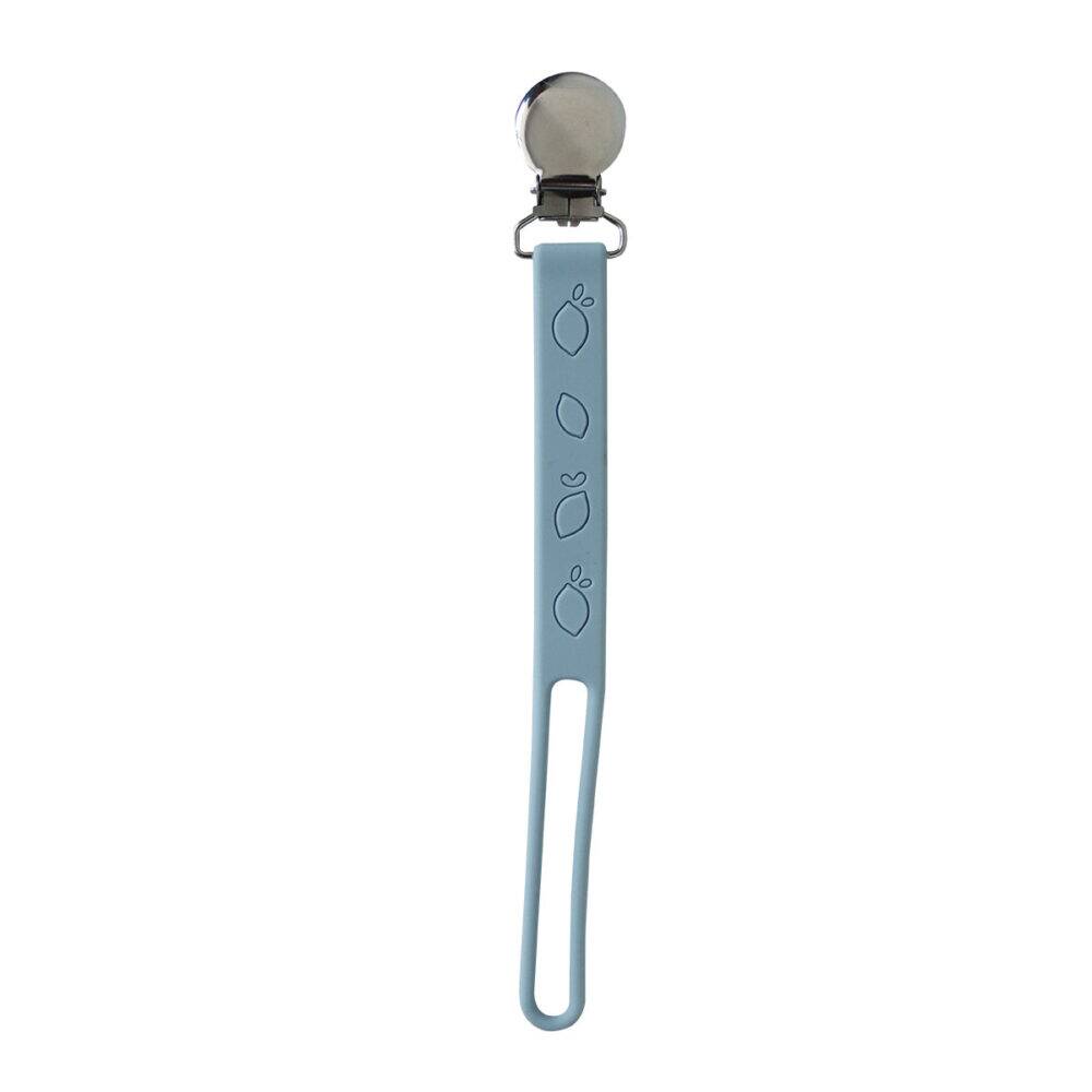 Back To Nature Silicone Pacifier Clip in blue with a metal clip and textured design for secure attachment.