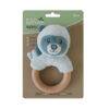 Back to Nature Wood Ring Rattle featuring a soft blue and pink bear plush attached to a natural wooden ring.