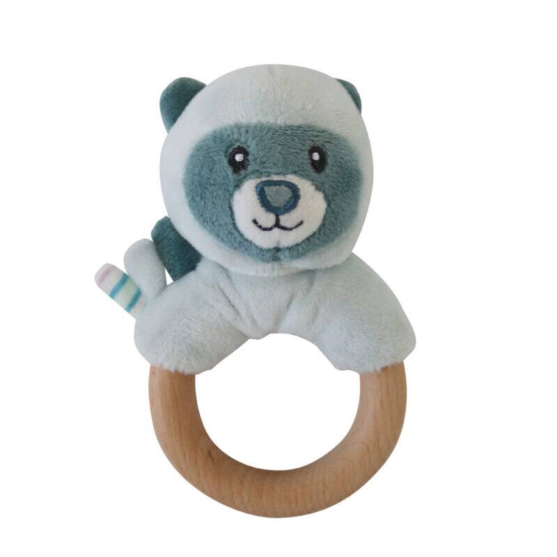 Back to Nature Wood Ring Rattle in blue and pink with a soft panda design and wooden ring for easy gripping.