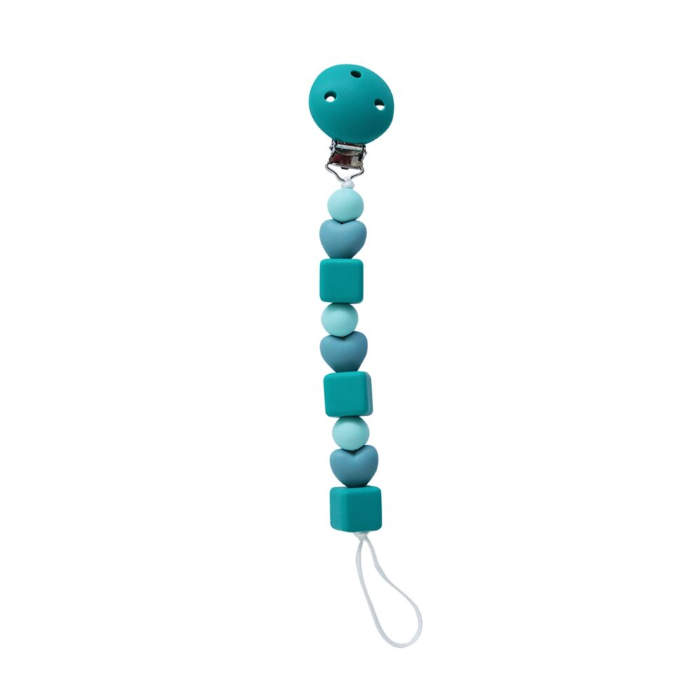 Back To Nature Silicone Pacifier Clip in blue and pink with a mix of heart and cube beads, featuring a secure clip.
