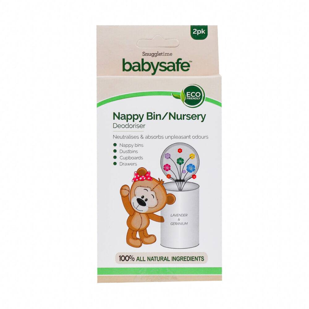 BabySafe Nappy Bin Deodoriser, eco-friendly, 2-pack, features a cute bear design and neutralizes unpleasant odors.