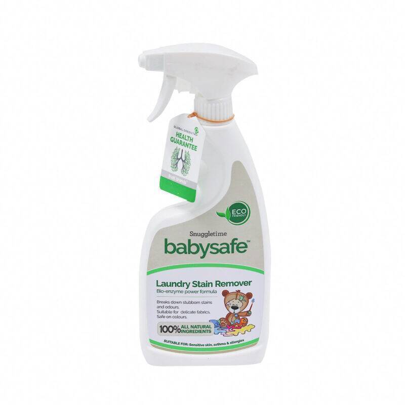 BabySafe Laundry Stain Remover spray bottle with eco-friendly label, featuring a child-friendly design and 100% natural