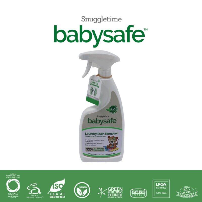 Snuggletime BabySafe Laundry Stain Remover in a spray bottle, featuring a white trigger and eco-friendly branding.
