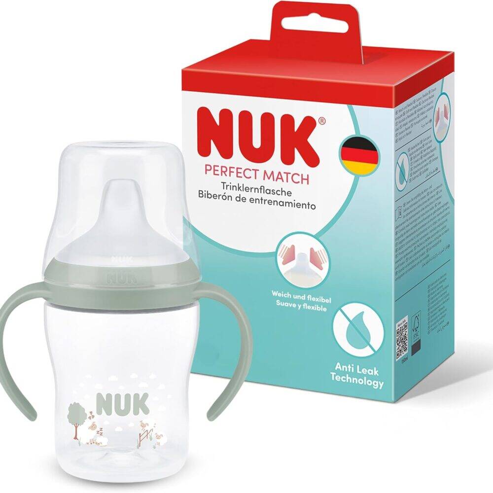 Nuk Perfect Match Learner Bottle 150ml in Rainbow Sheep design with anti-leak technology and soft, flexible handles.