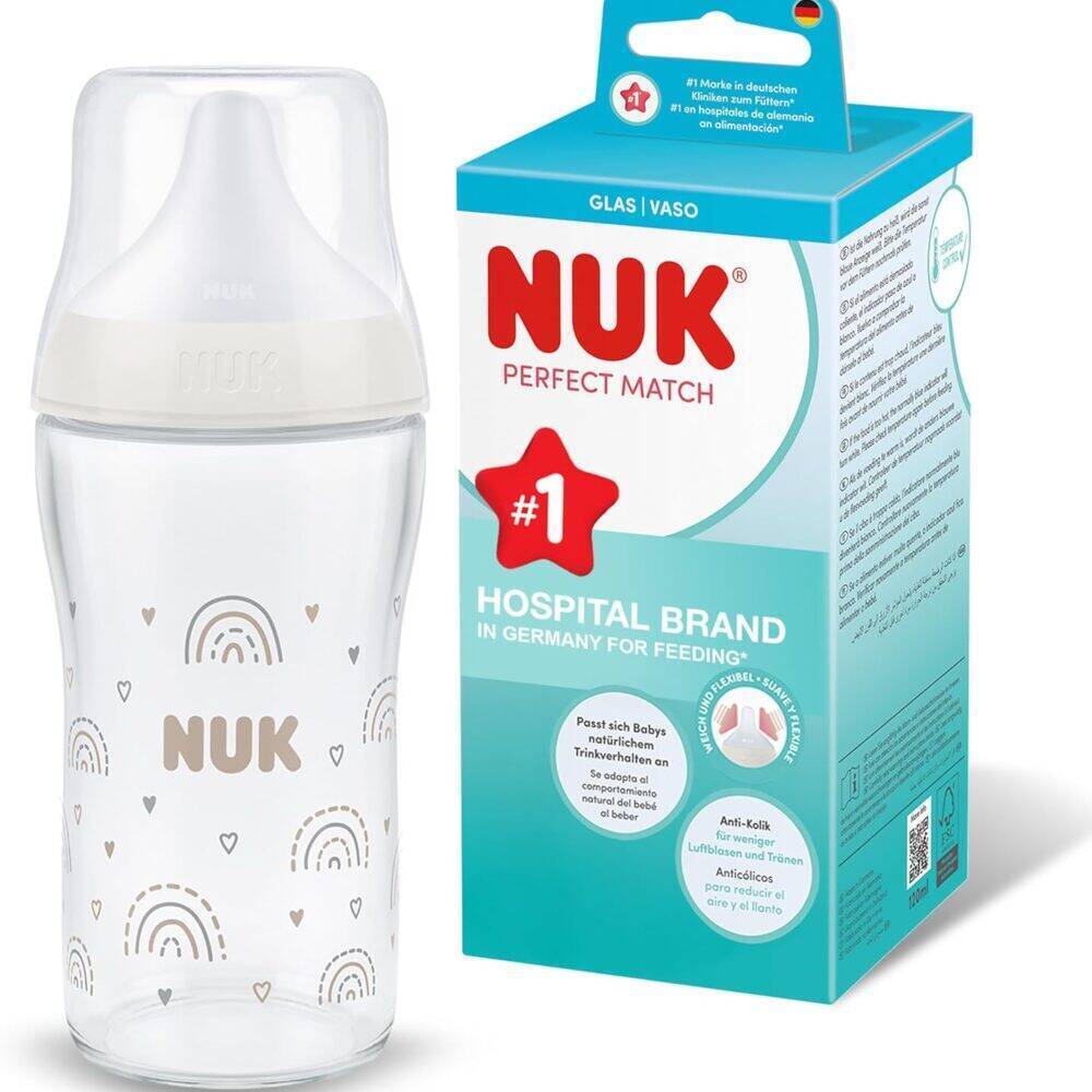 Nuk Perfect Match Glass Bottle 230ml in rainbow style with a white cap and packaging beside it.