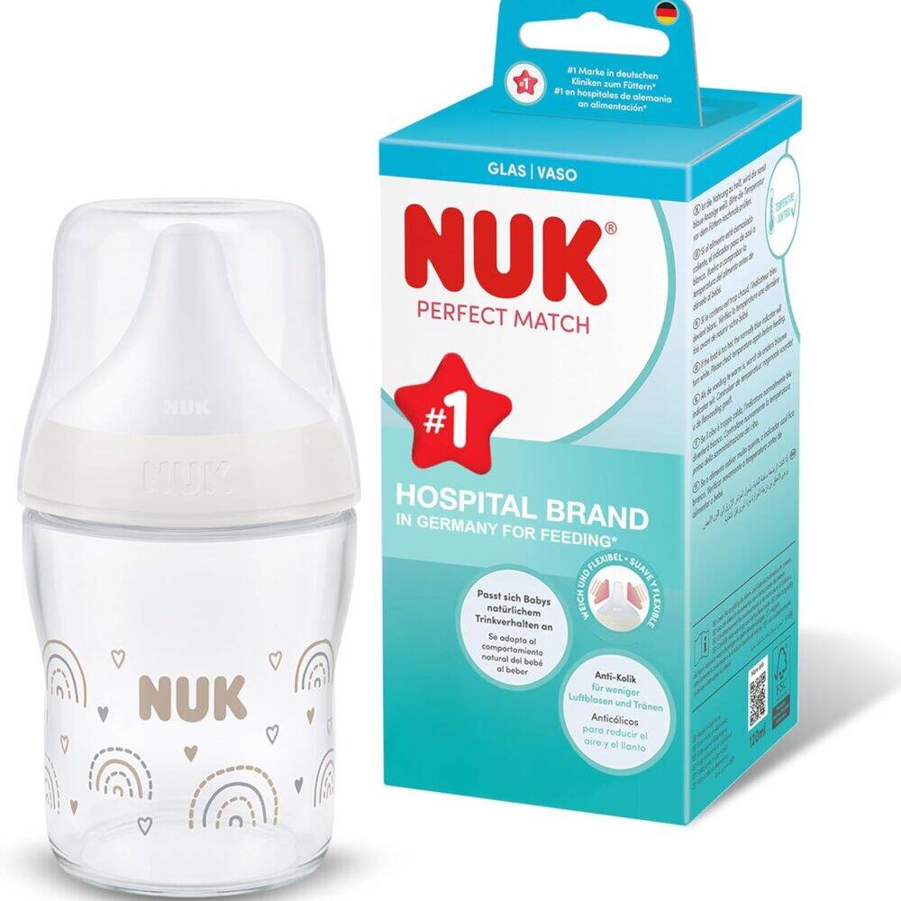 Nuk Perfect Match Glass Bottle 120ml in Rainbow style with a clear design and white lid, packaged in a colorful box.