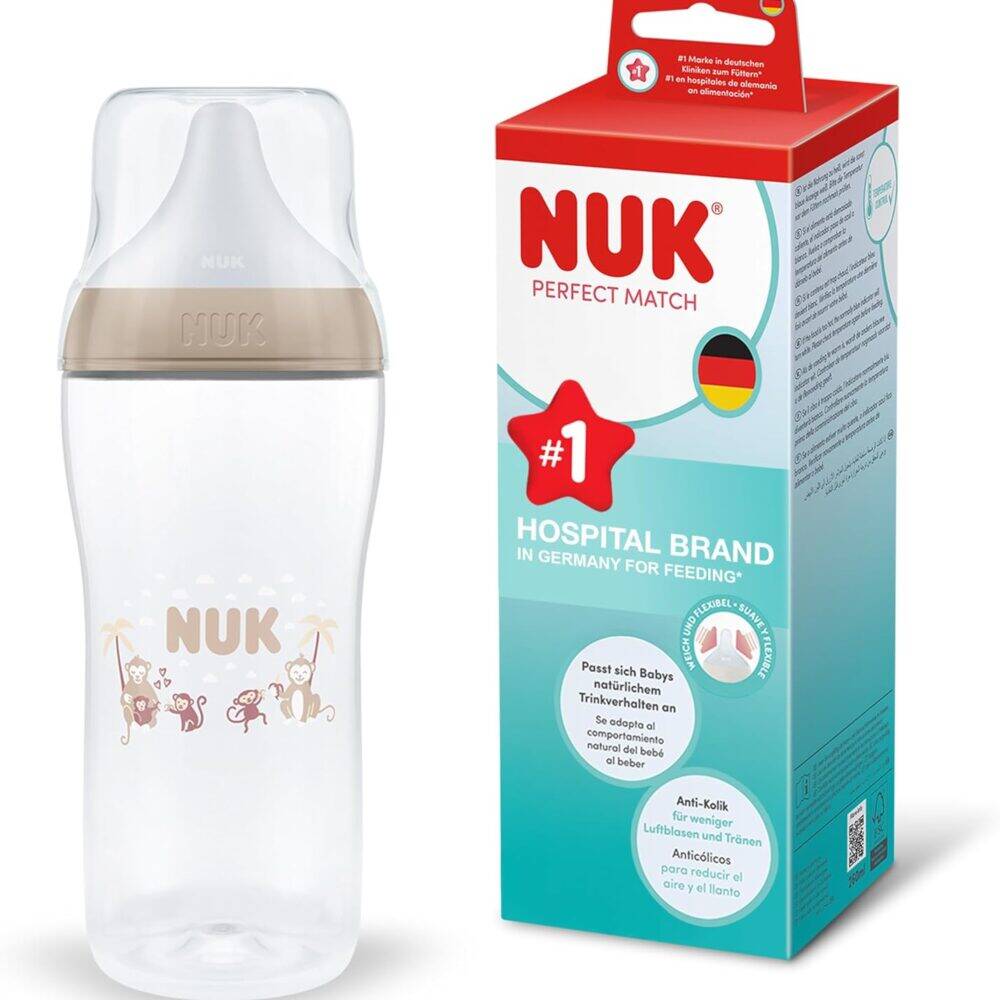 Nuk Perfect Match Bottle 360ml Extra Large for 6M+, featuring a playful monkey design and a soft silicone nipple.