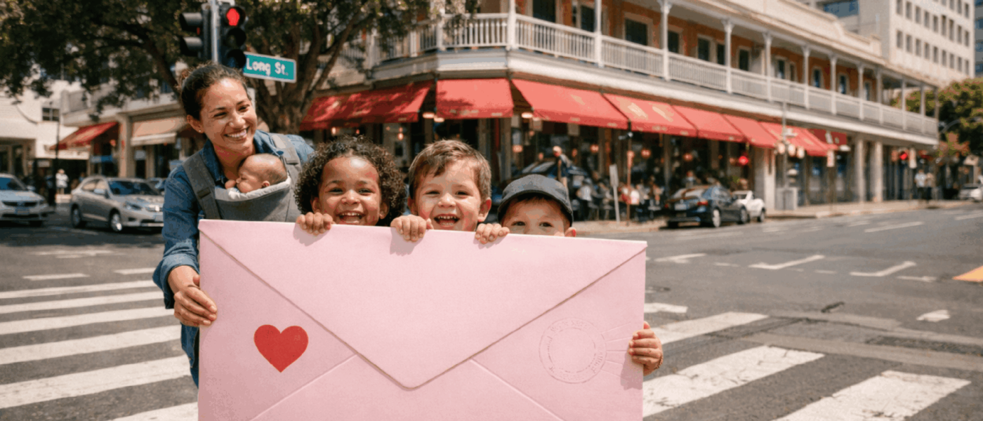 Fed is Best Family Rewards Program featuring a mother with a baby carrier and three smiling children holding a large pink